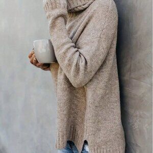 Khaki Casual Women's High Neck Knit Sweater